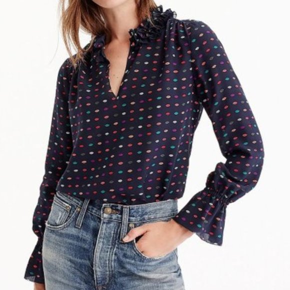 J. Crew Tops - J. Crew Lips Ruffle Silk Blouse Size 2
